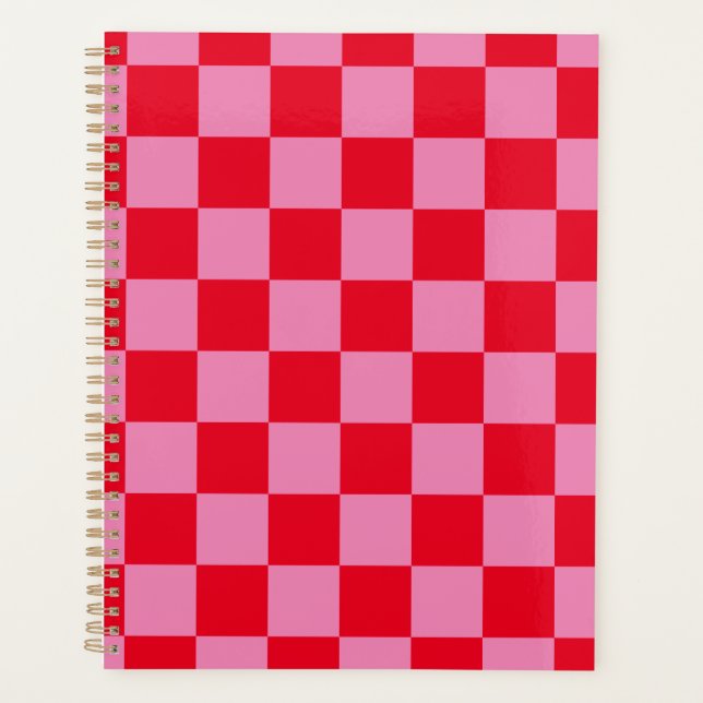 Retro Checkerboard Checkered Pattern Pink Orange Planner (Front)
