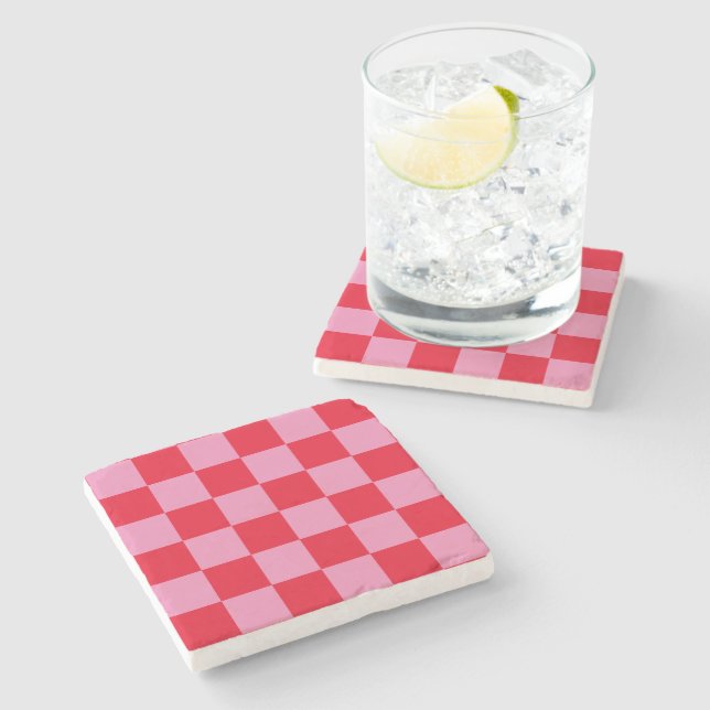 Retro Checkerboard Checkered Pattern Pink Orange Stone Coaster (Side)