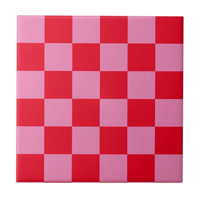 Retro Checkerboard Checkered Pattern Pink Orange Tile (Front)
