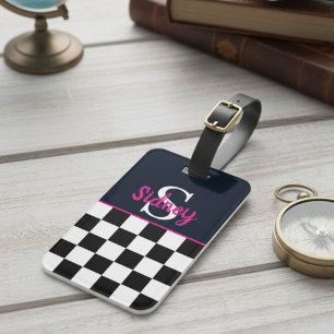 Retro Checkerboard Neon Pink Name Monogram Luggage Tag