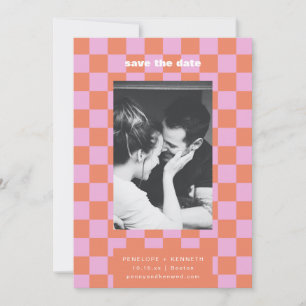 Retro Checkerboard Pink Orange Mod Wedding Photo Save The Date