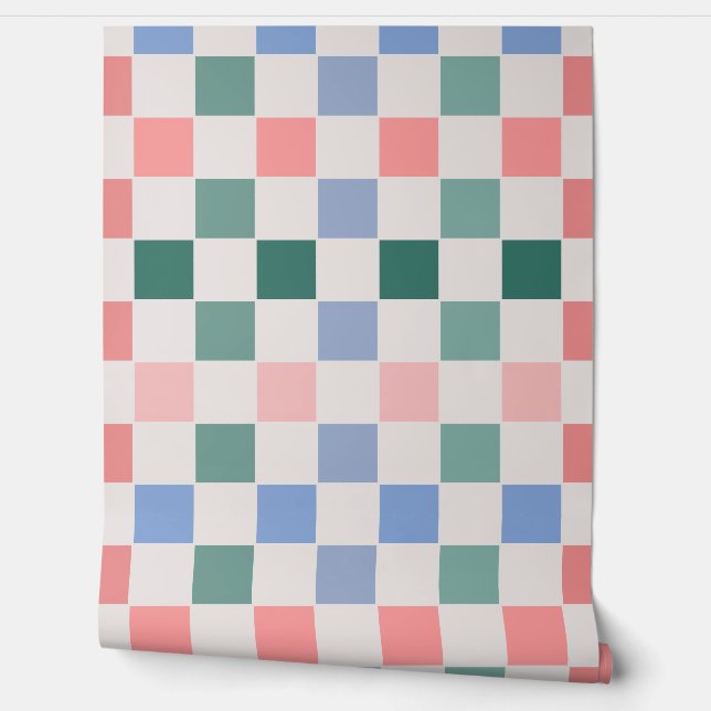 Retro Checkerboard Plaid (Pink, Green, Blue) Wallpaper (Unrolling)