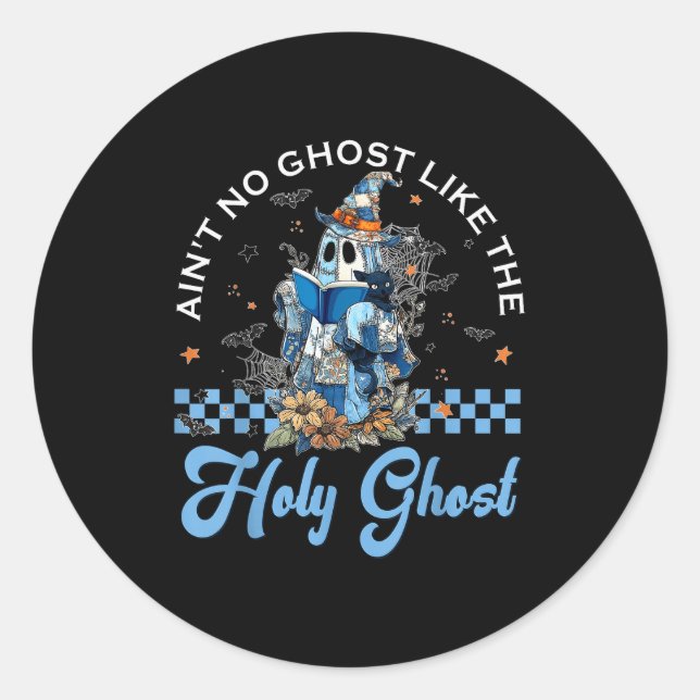 Retro Checkered Floral Denim Ghost Black Cat Witch Classic Round Sticker (Front)