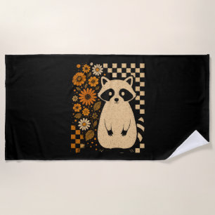Retro Checkered Halloween Raccoon Beach Towel