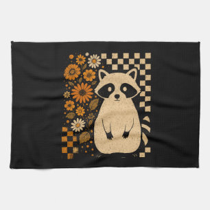 Retro Checkered Halloween Raccoon Kitchen Towel