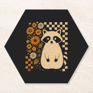 Retro Checkered Halloween Raccoon Paper Coaster