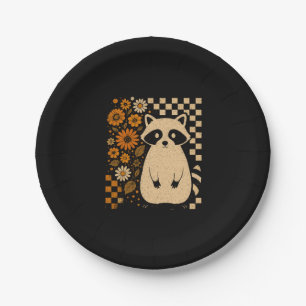 Retro Checkered Halloween Raccoon Paper Plate