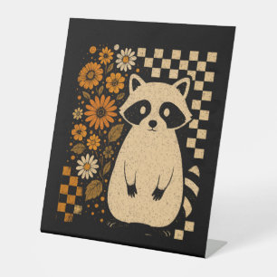 Retro Checkered Halloween Raccoon Pedestal Sign