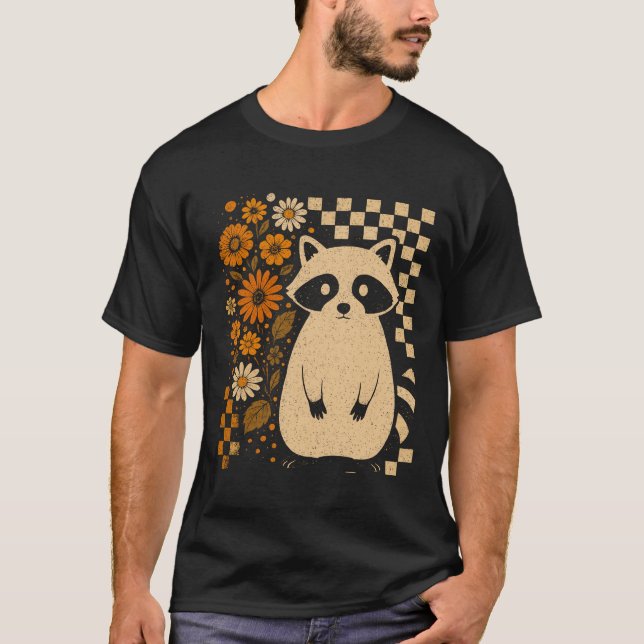 Retro Checkered Halloween Raccoon T-Shirt (Front)