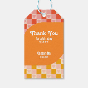 Retro Checkered Heart Bauhaus Red Orange Birthday Gift Tags