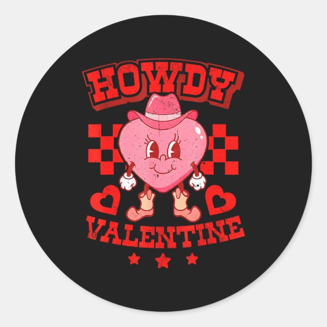 Retro Checkered Howdy Western Valentines Day Cowbo Classic Round Sticker (Front)