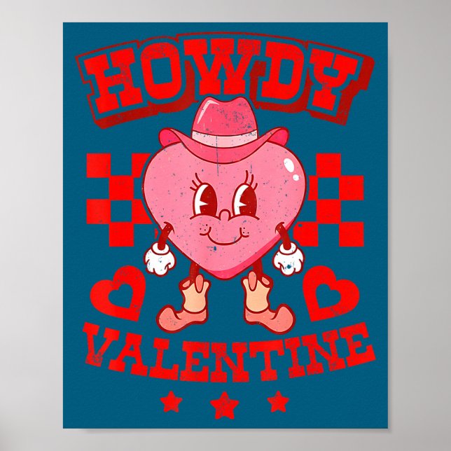 Retro Checkered Howdy Western Valentines Day Cowbo Poster (Front)