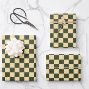 Retro Checkered in Olive Green and Cream Wrapping Paper Sheet