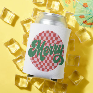 Retro Checkered Merry Christmas  Can Cooler