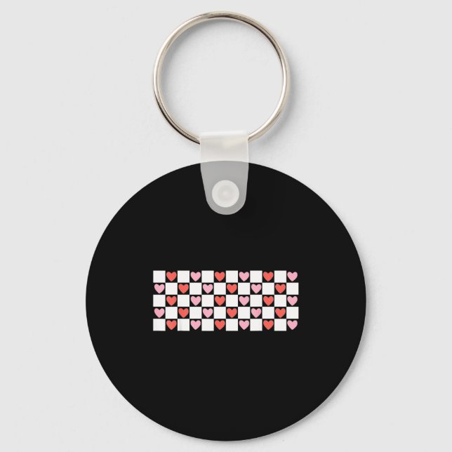 Retro Checkered Red And Nk Hearts Valentines Day  Keychain (Front)