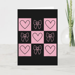 Retro Checkered Valentine Day Heart Coquette Bow W Card