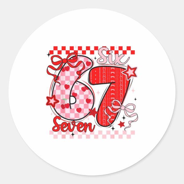 Retro Checkered Valentine Six Seven Meme 67 Viral  Classic Round Sticker (Front)