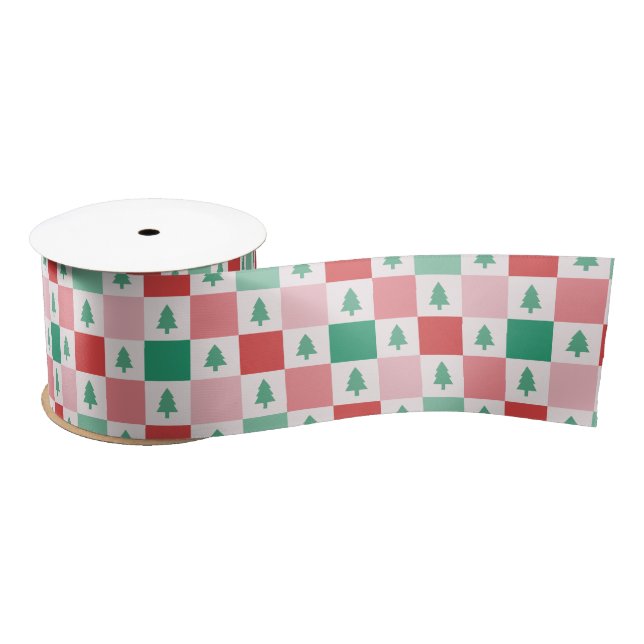 Retro Checkers Christmas Pattern - Red Pink Green Satin Ribbon (Spool)