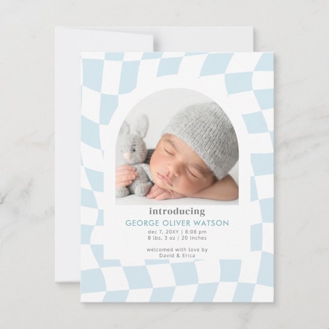 Retro Checks Blue Boy Photo Birth Announcement (Front)