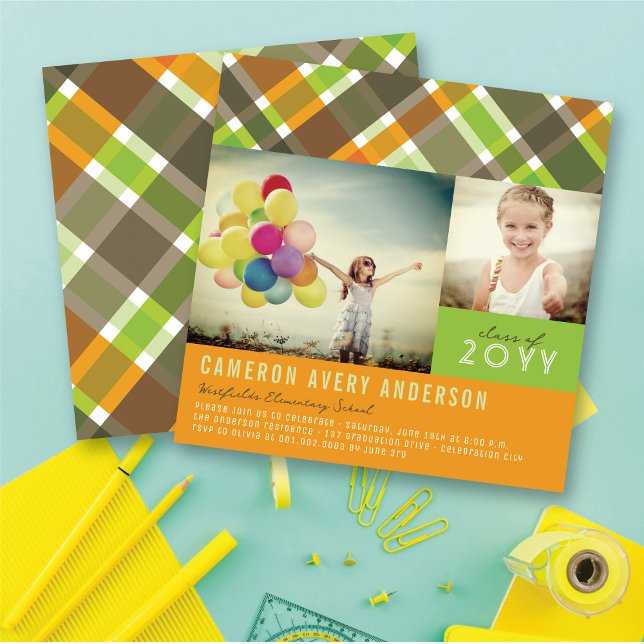 Retro Checks Plaid Modern 2 Photo Graduation Party Invitation (Preppy Orange, Green & Grey Checks Pattern Modern 2 Photo Graduation Party Invitation @ fatfatin)