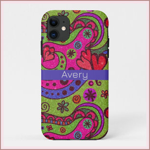 Retro Cheerful Hearts and Flowers Multicolor iPhone 11 Case