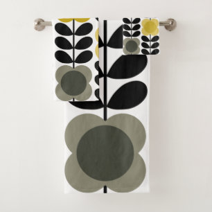 Retro Cheerful Spot Flowers Stem, Yellow Grey Bath Towel Set