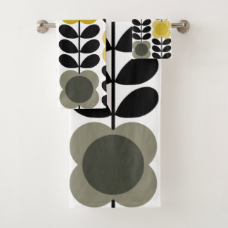 Retro Cheerful Spot Flowers Stem, Yellow Grey Bath Towel Set
