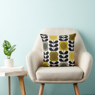 Retro Cheerful Spot Flowers Stem, Yellow Grey Throw Pillow