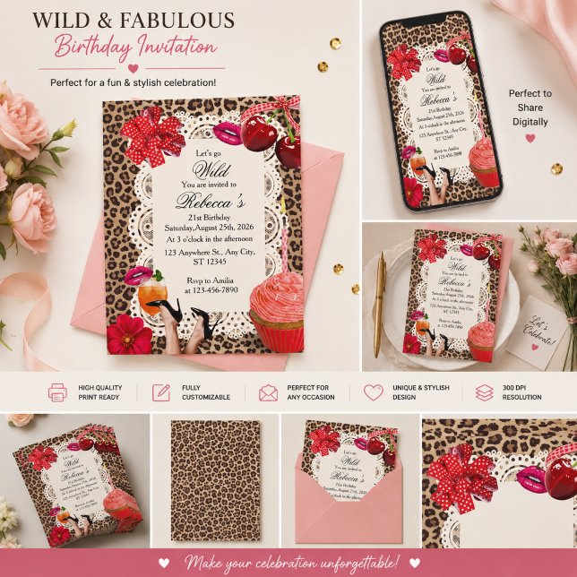 Retro Cheetah & Cherry Birthday Invitation (Creator Uploaded)