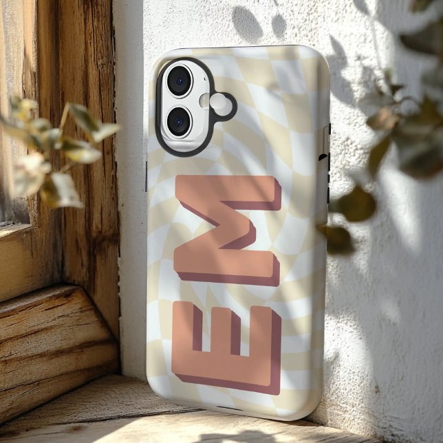Retro Chequerboard Aesthetic Monogram Case-Mate iPhone Case (Aesthetic retro initials checkerboard pattern iphone 16 plus  case)