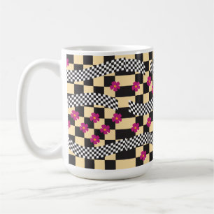 Retro Chequerboard Design with Flowers Coffee Mug