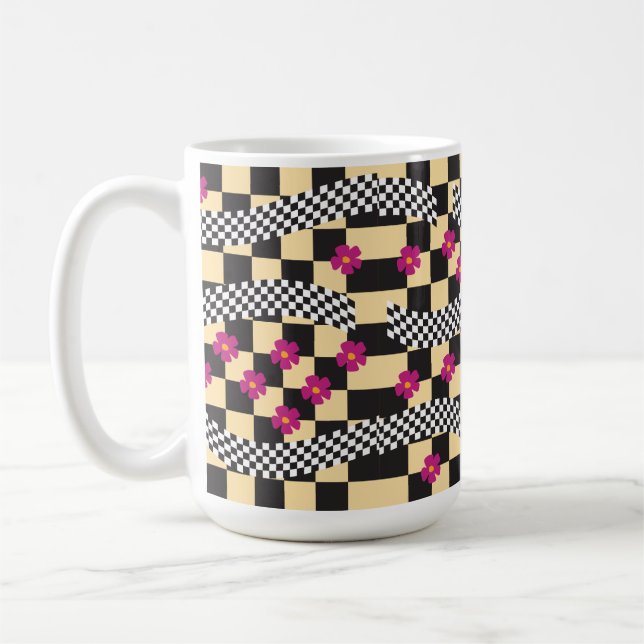 Retro Chequerboard Design with Flowers Coffee Mug (Left)