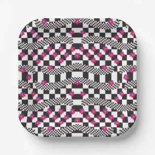 Retro Chequerboard Design with Flowers Paper Plate