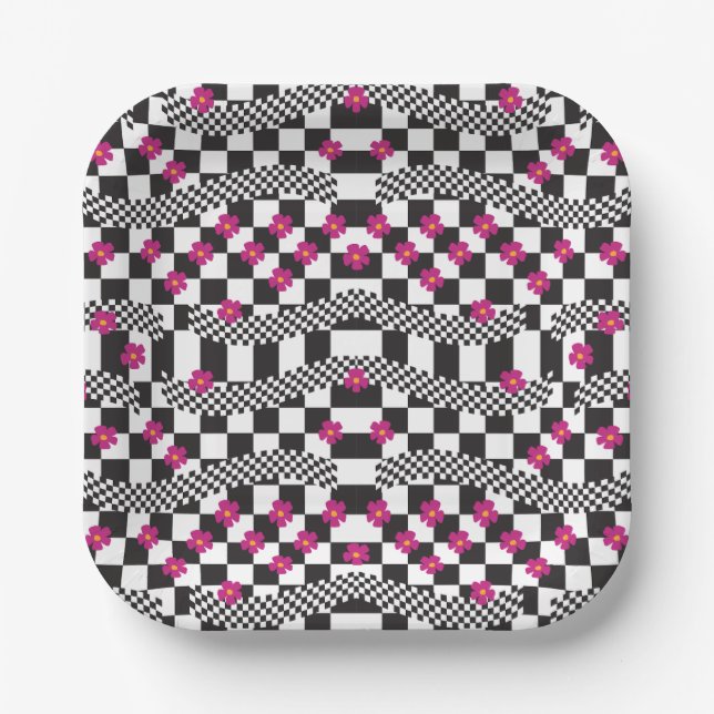 Retro Chequerboard Design with Flowers Paper Plate (Front)