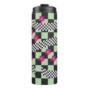 Retro Chequerboard Design with Flowers Thermal Tumbler