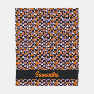 Retro Chequerboard Halloween Ghosts and Pumpkins Fleece Blanket