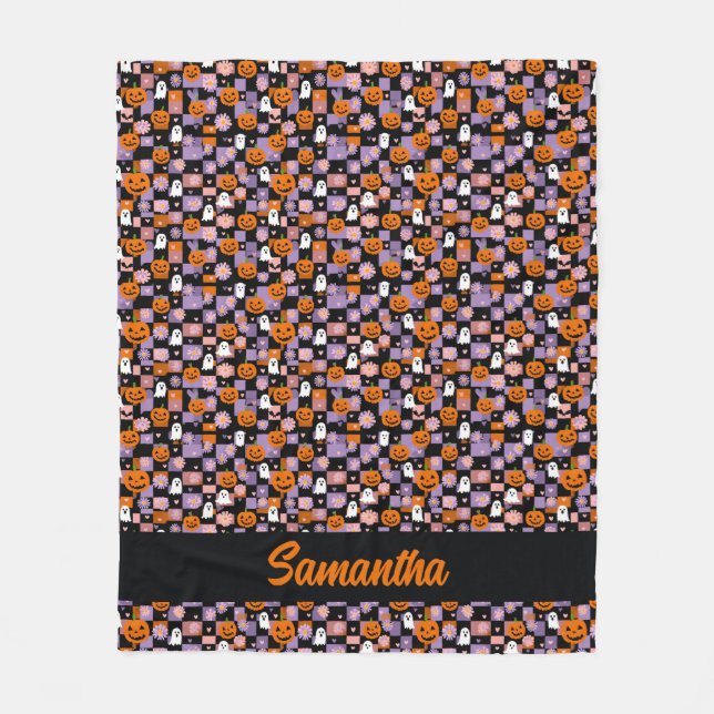 Retro Chequerboard Halloween Ghosts and Pumpkins Fleece Blanket (Front)