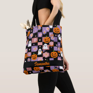 Retro Chequerboard Halloween Ghosts and Pumpkins Tote Bag