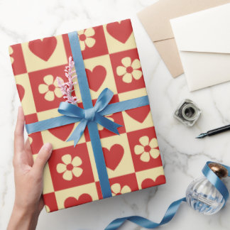 Retro Chequerboard Hearts and Flowers Pattern Wrapping Paper