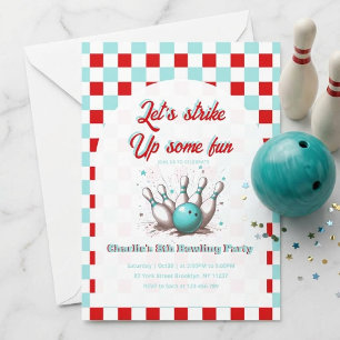 Retro Chequerboard Kids Bowling Birthday Party Invitation