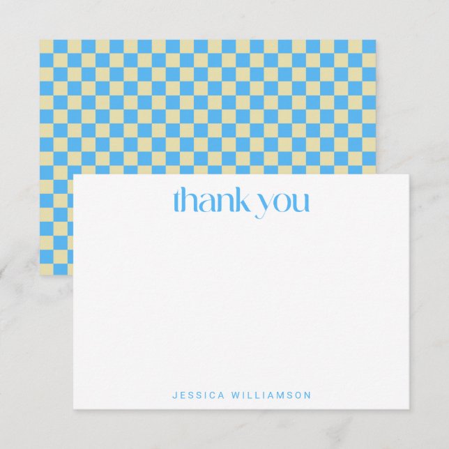 Retro Chequerboard Light Blue Custom Bridal Shower Thank You Card (Front/Back)