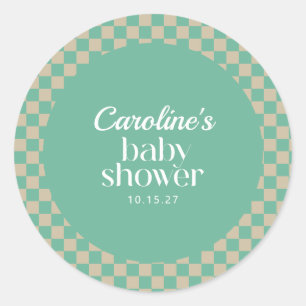 Retro Chequerboard Mint Sage Baby Shower Custom Classic Round Sticker