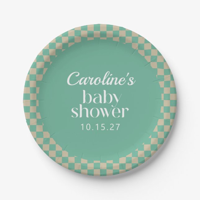 Retro Chequerboard Mint Sage Baby Shower Custom Paper Plate (Front)