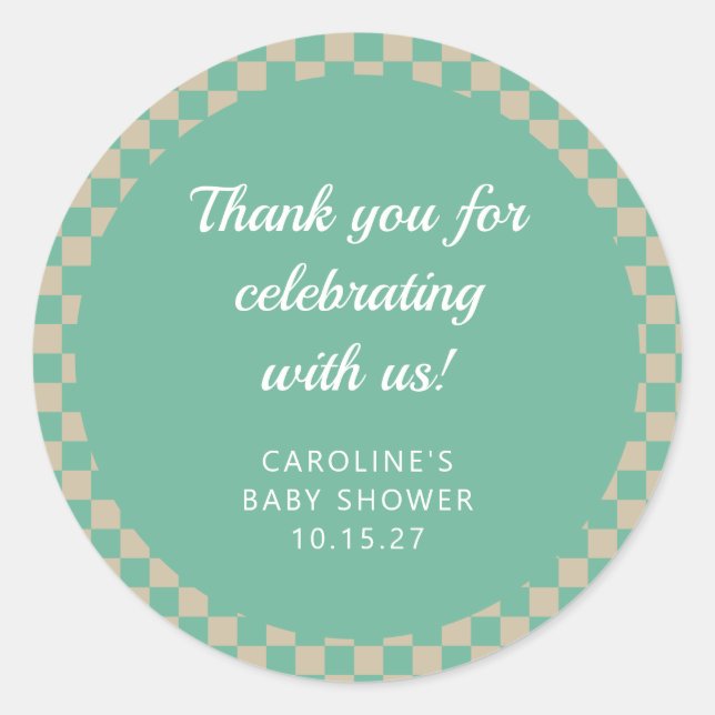 Retro Chequerboard Mint Shower Custom Thank You Classic Round Sticker (Front)