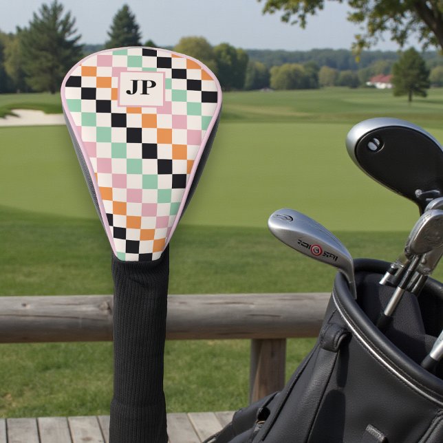 Retro Chequerboard Monogram Golfer Gift Golf Head Cover (Creator Uploaded)