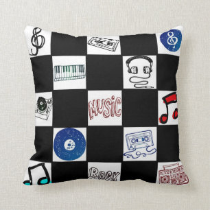 Retro Chequerboard Music Cassettes & More Throw Pillow