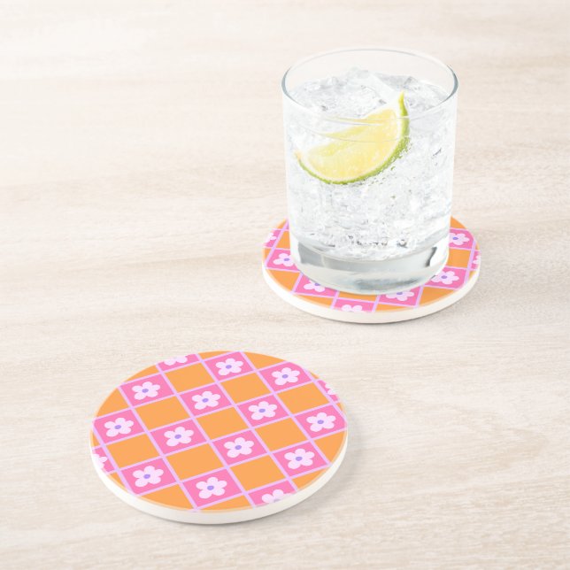 Retro Chequerboard Pattern In Orange And Purple Coaster (Side)