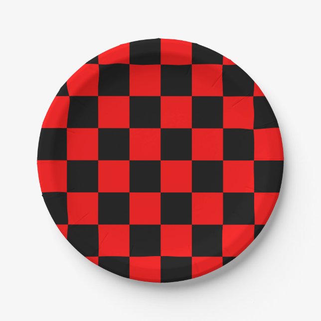 Retro Chequerboard Pattern Red & Black Novelty Paper Plate (Front)