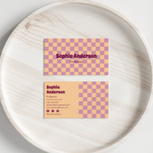 Retro Chequerboard Peach & Purple Business Card