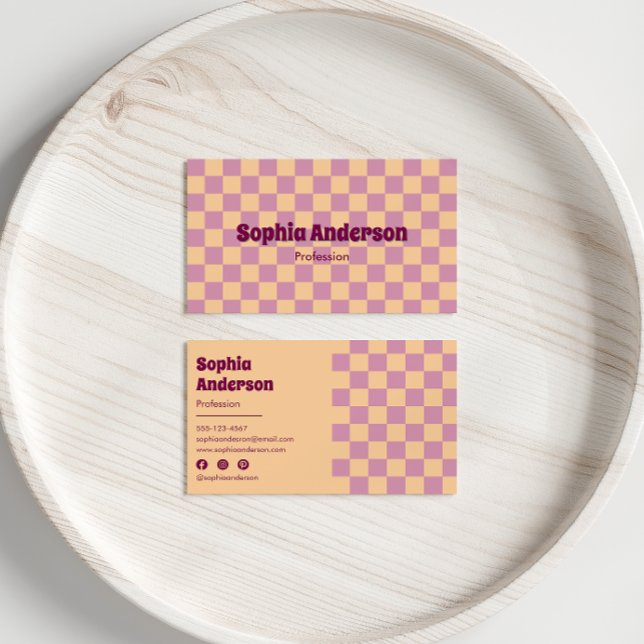 Retro Chequerboard Peach & Purple Business Card (Creator Uploaded)